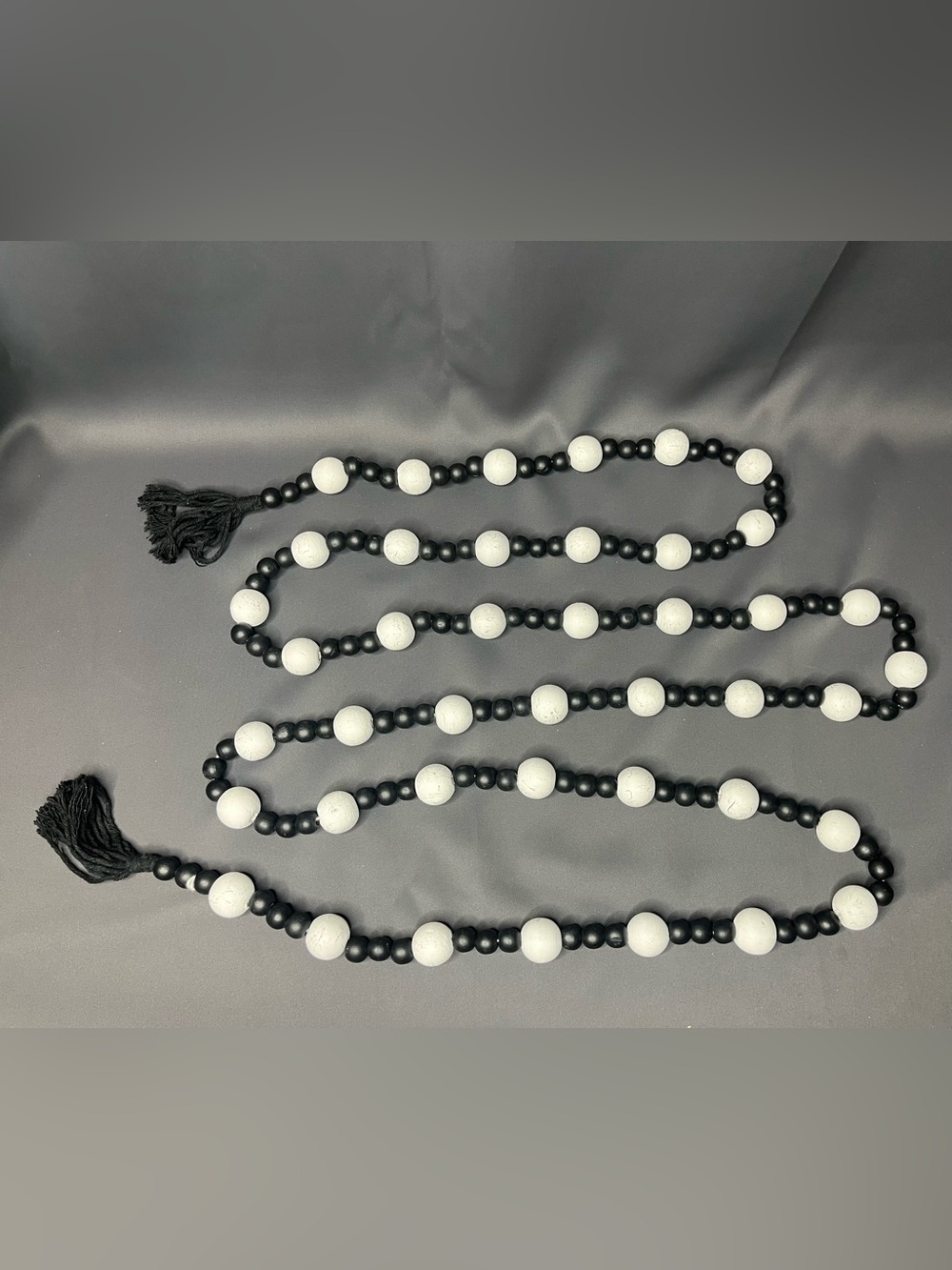 8.5 foot Black & White Wood Bead Garland with Tassels.